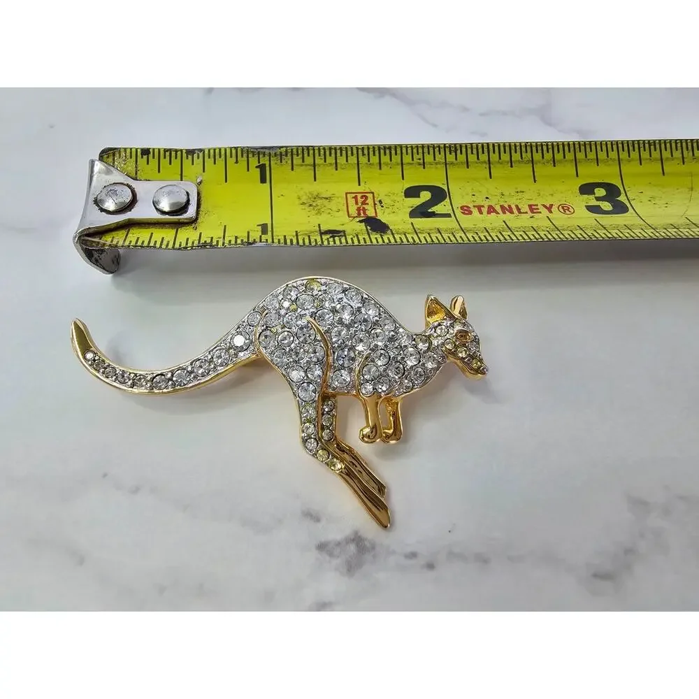 Vintage Rhinestone Kangaroo Figural Brooch Gold Tone 1980s Australia Souvenir
